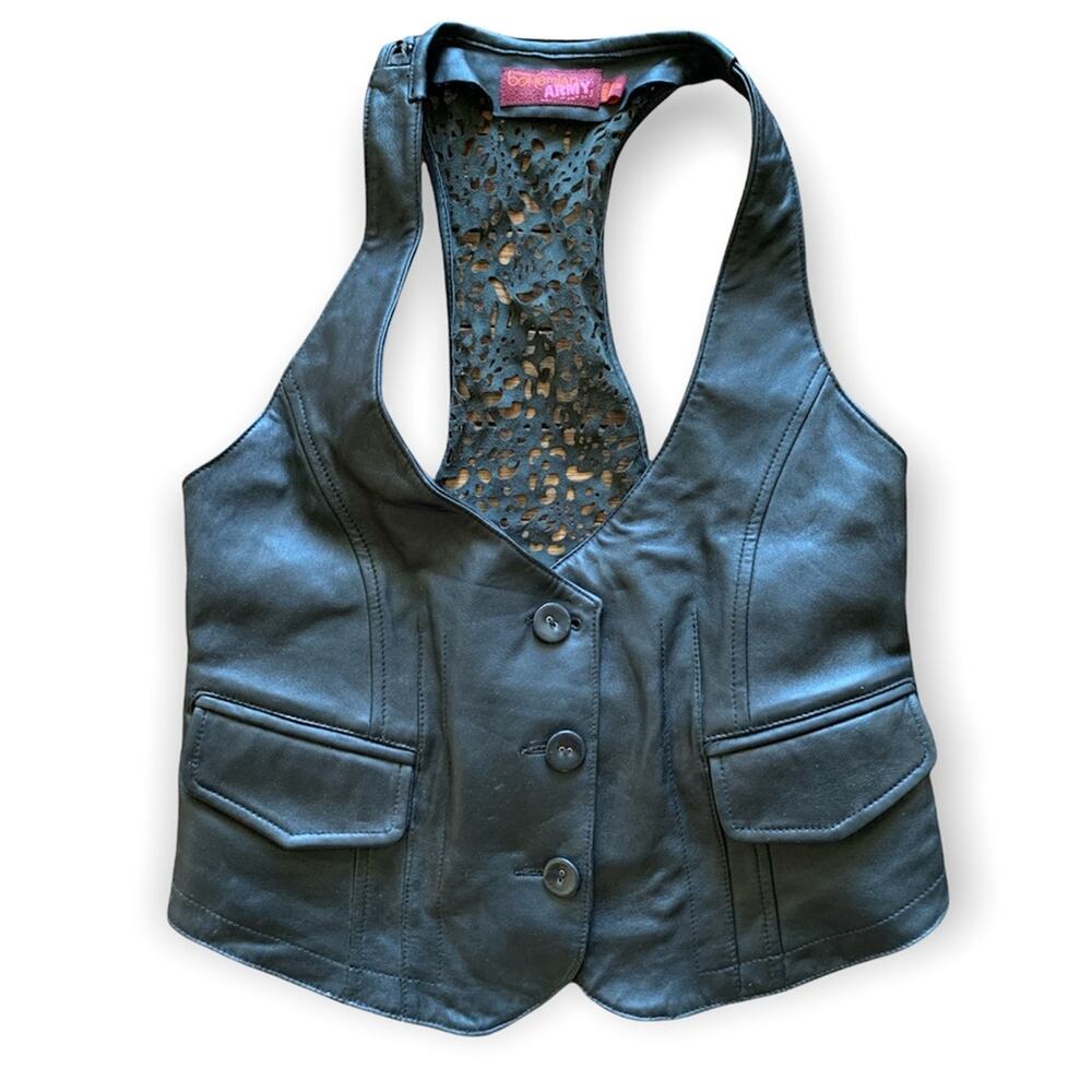 Black Leather Racerback Vest with Button Front